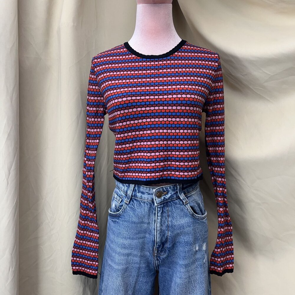 Zara Knit Blue Pink and Orange Geometric Longsleeve Womens Crop Size M